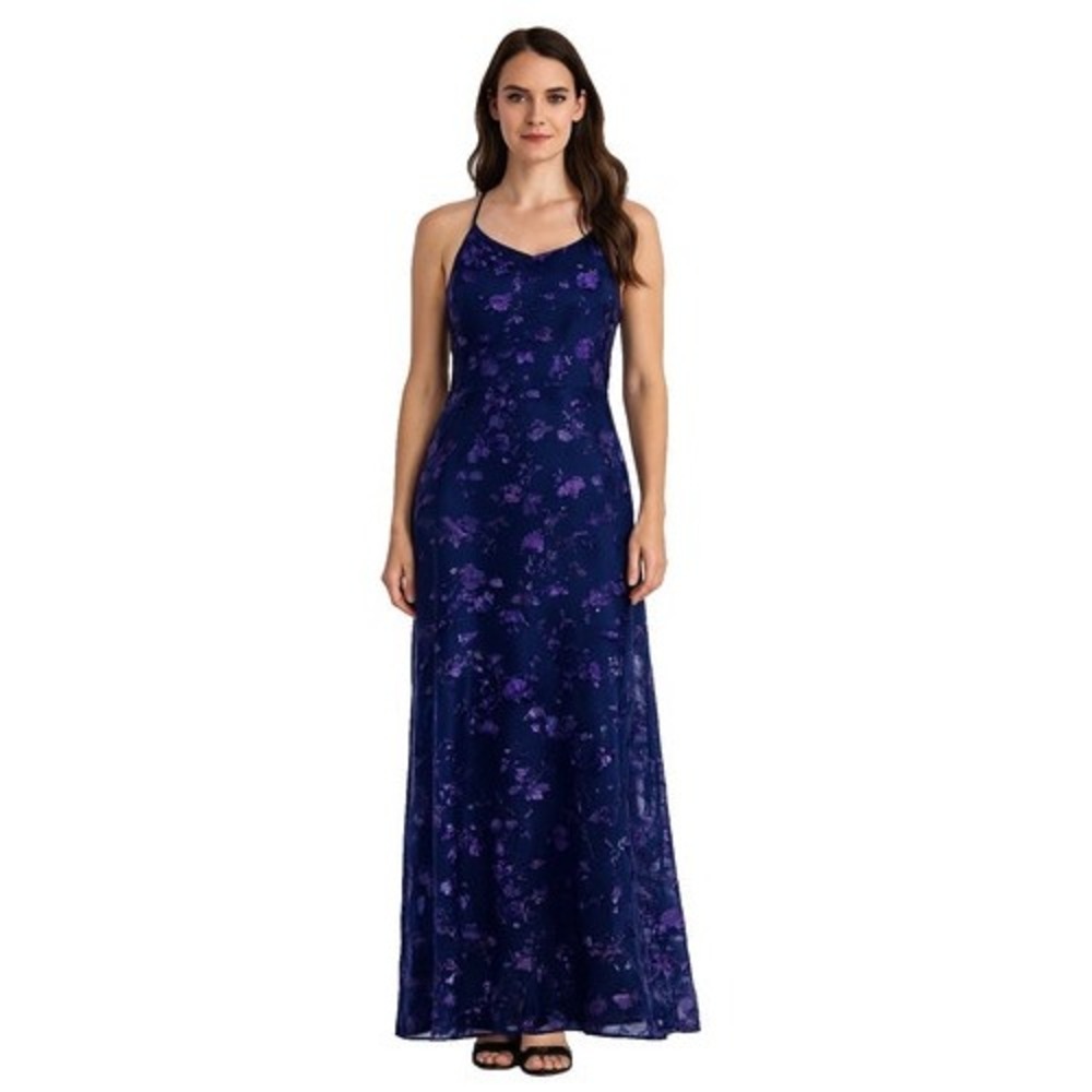 VTG 90s Rampage Floral Maxi Dress Womens 11 Blue Purple Evening Gown Prom Formal
